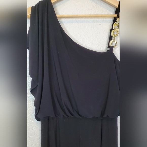 💚5/$25 Emma & Michele Black Gold Chain One-Shoulder Dressy Jumpsuit Wide Leg - Picture 3 of 7